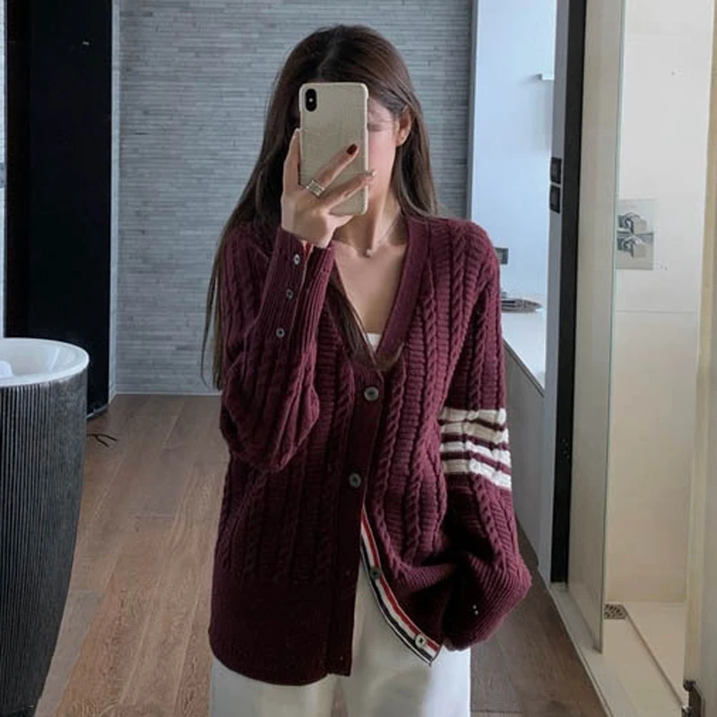 Autumn and winter new tb four-bar striped V-neck hollow knitted cardigan women's retro twist sweater college style