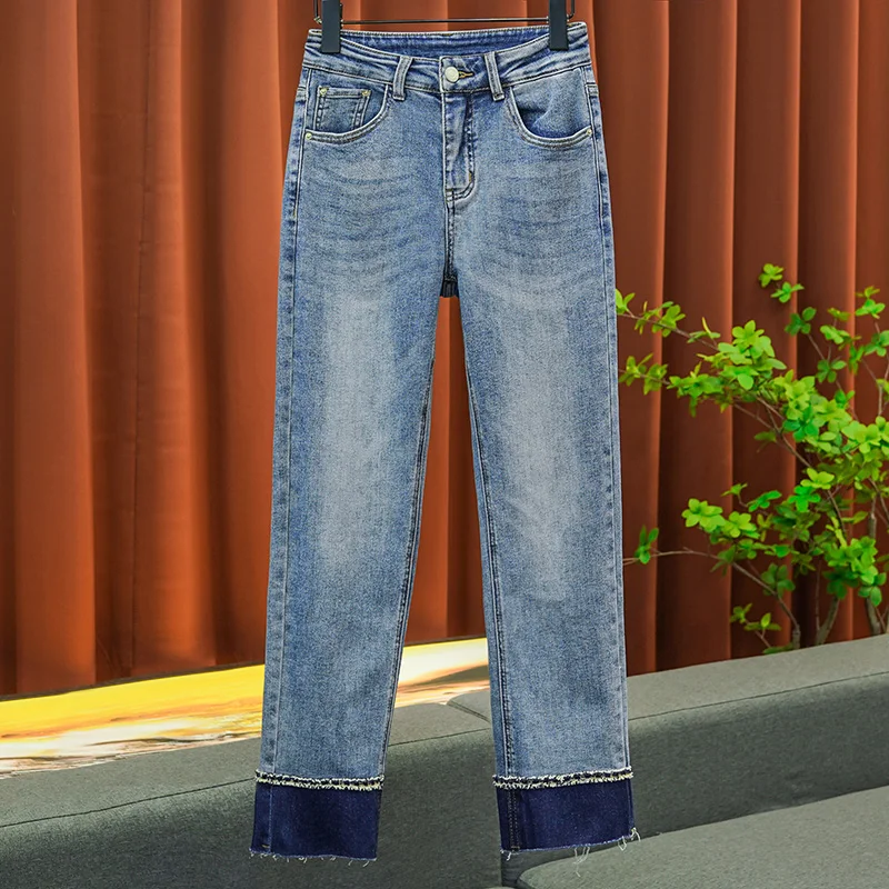 

Новинка осени 2023, эластичные тонкие прямые джинсы с завышенной талией, женские дизайнерские брюки с коллажем, облегающая простая женская одежда