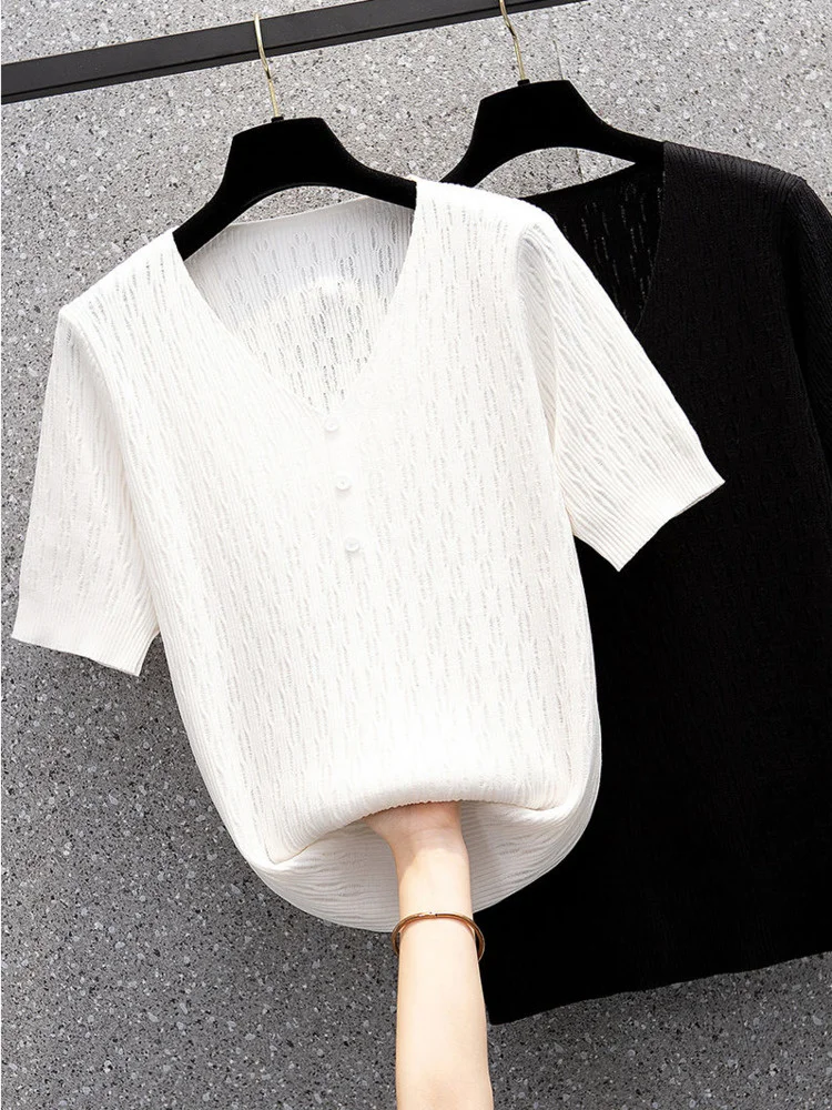 

Женская трикотажная футболка с вырезами, с V-образным вырезом и коротким рукавом