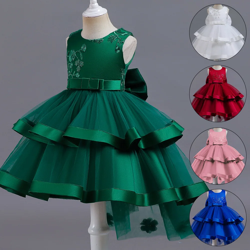 

Children Christmas Costume 2023 New Birthday Evening Dress Girls Bow Sleevesless Embroidery Mesh Layered Party Dresses 3-10 Year