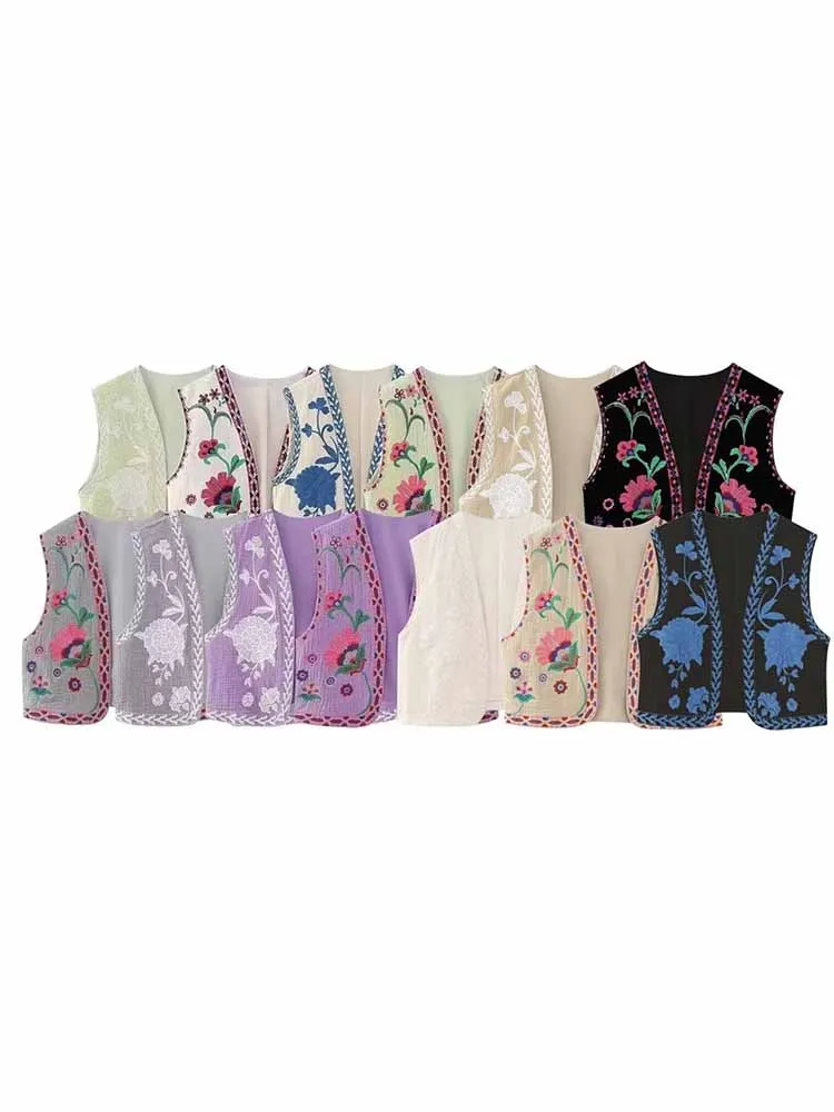

Women New Fashion Flower embroidered decoration Cropped cardigan Vest Vintage Sleeveless Female Waistcoat Chic Tops 6895/025