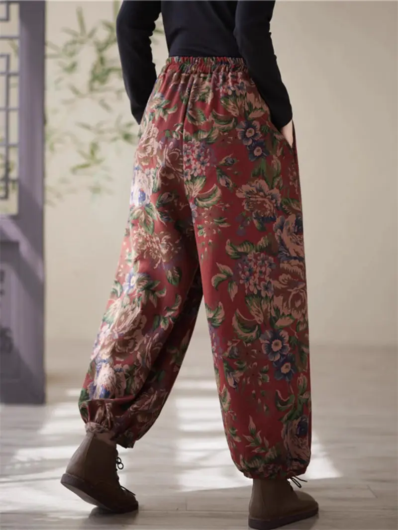 Женские утепленные брюки на шнуровке повседневные в китайском стиле с принтом