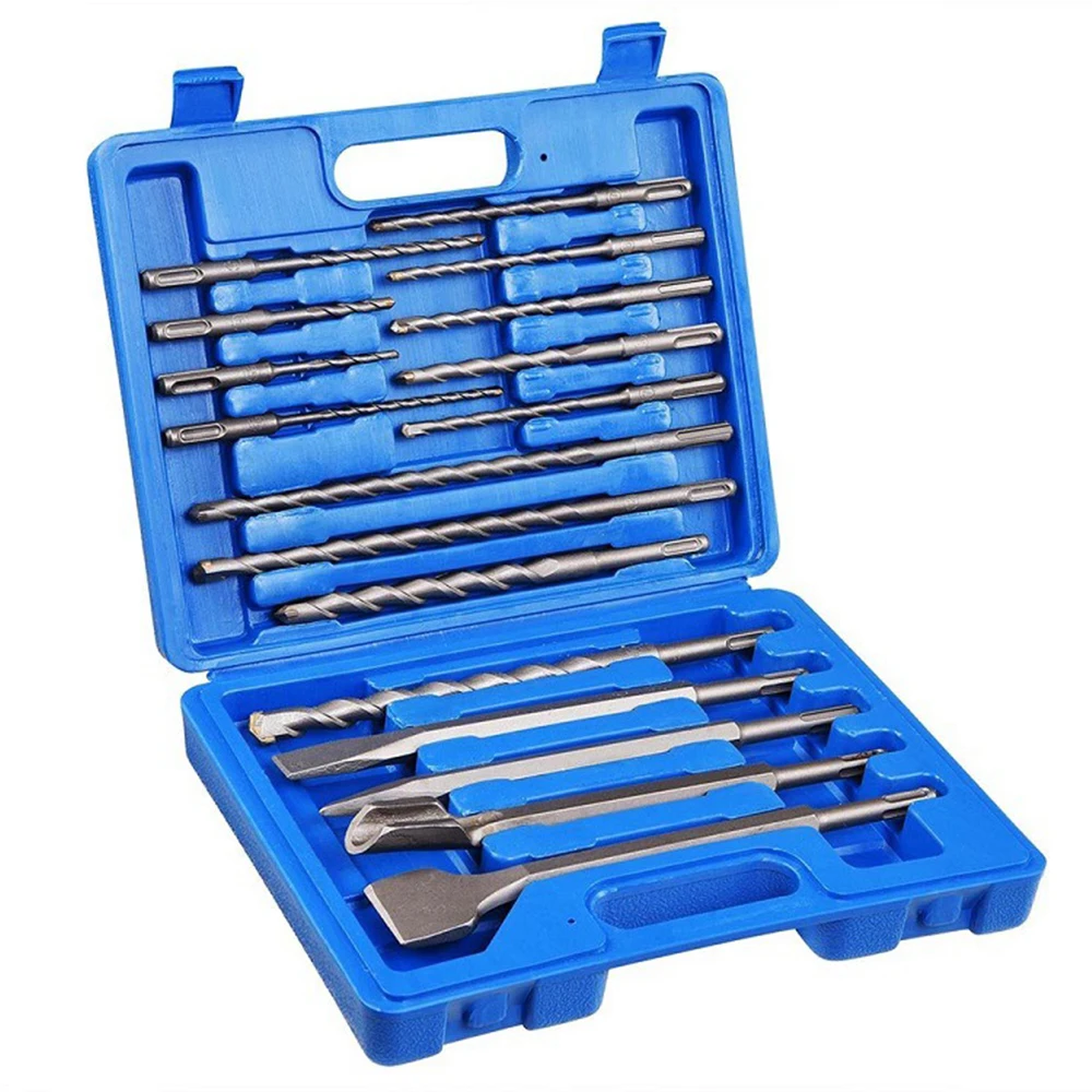 17pcs/set Sds Electric Hammer Drill Bit Set Chisel Plastic Box Shank Impact Rotary Concrete Masonry Drilling Grooving