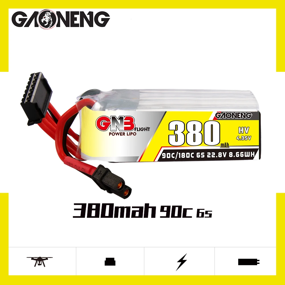 

Аккумулятор GNB GAONENG GNB 380 мАч 6S 22,8 в 90C HV Lipo с разъемом XT30 для радиоуправляемого FPV гоночного дрона квадрокоптера Tinywhoop