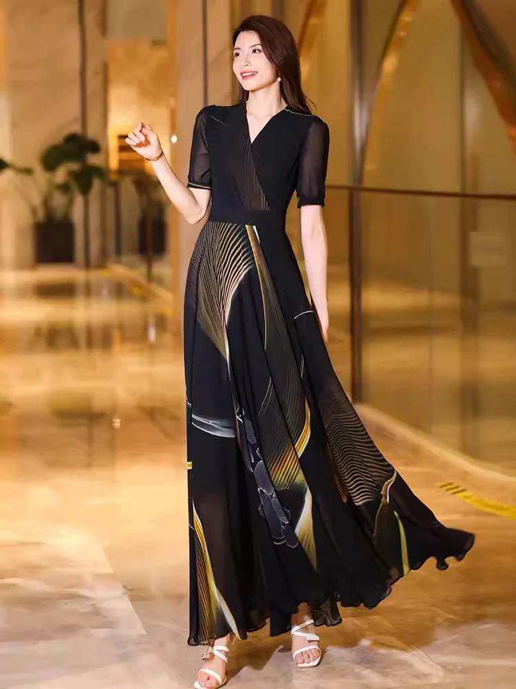 Новое женское летнее черное платье с принтом Мода V-образным вырезом короткий