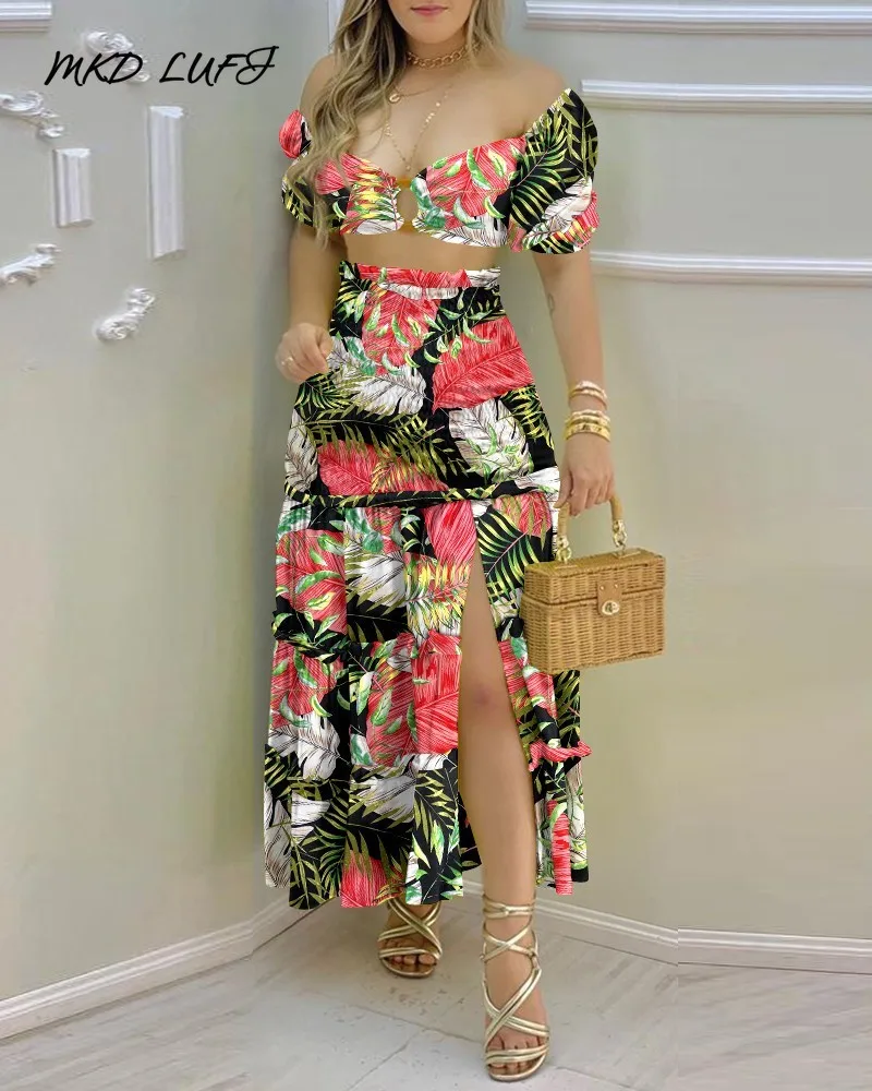 

MKDLUFI Тропический Принт укороченные топы с круглым вырезом и юбка до бедра с разрезом женский летний комплект из двух предметов