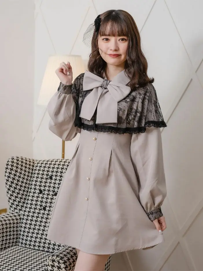 Rojita Japanese Style Lace Dress for Women Doll Collar Big Bow Slim-Fit High Waist Dress Ladies Figure Flattering A Line Dress