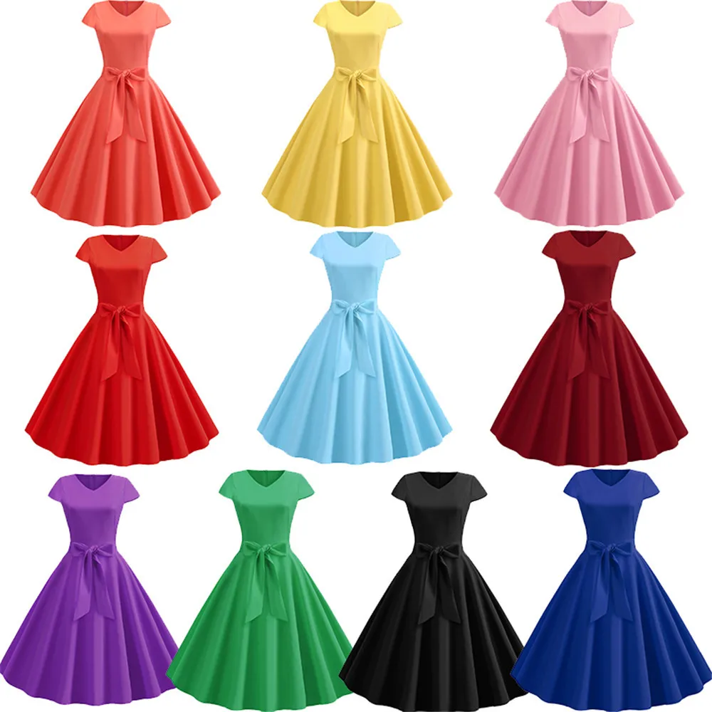 

2023 Hot Selling Summer Retro V-neck Short Sleeved Bow Tie, Solid Color Casual Large Swing Dress, Sexy and Slim Women's Dress