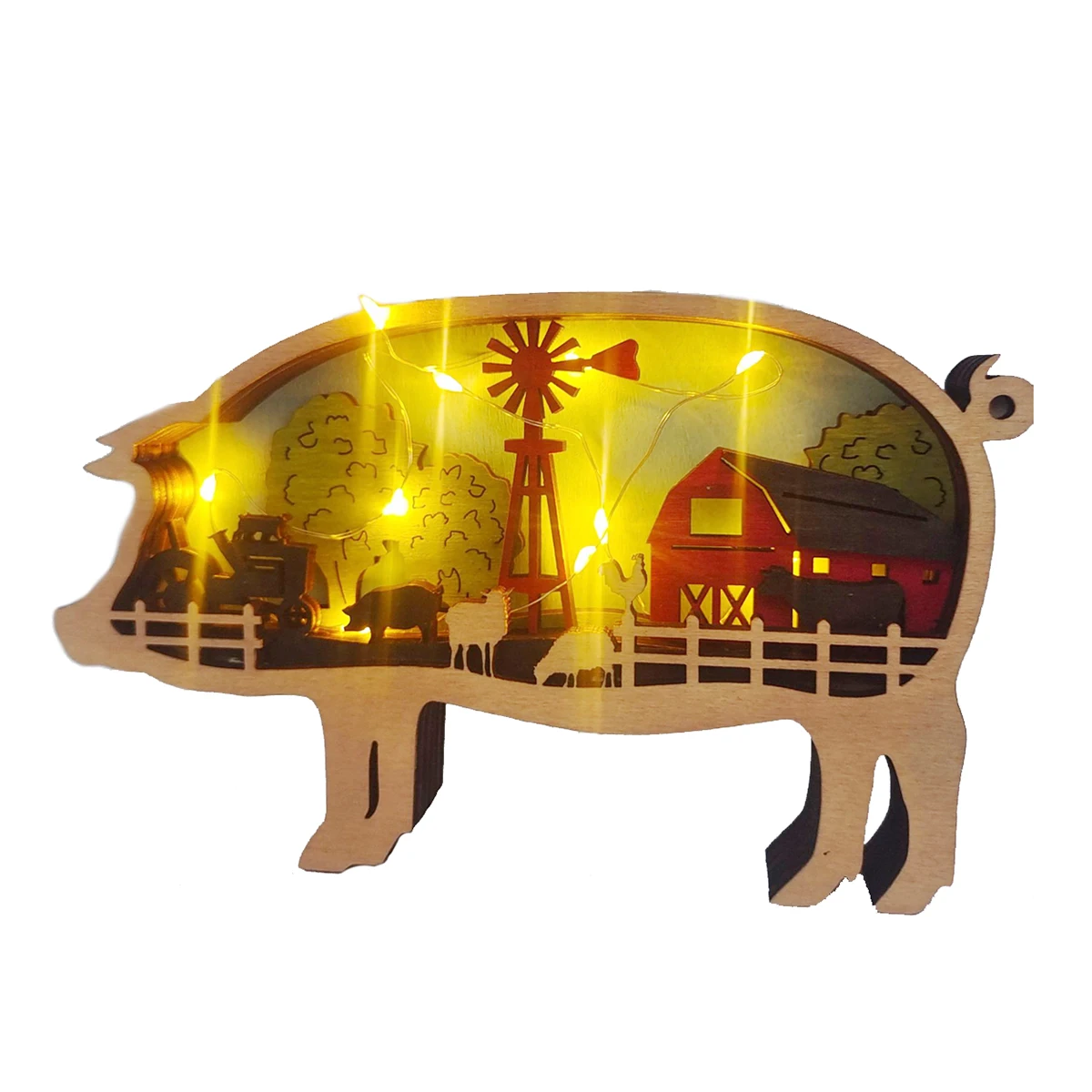 

Christmas Decoration Wooden Hollowed Small Pigs Cattle and Sheep LED Light Cute Desktop Ornaments Home Decor Accessories