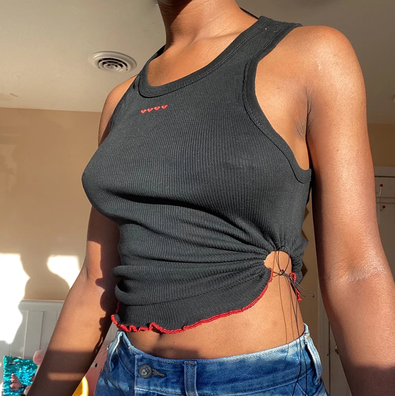 

Fashion Ribbed Heart-Shape Embroidery Women Crop Top Tanks Ruched Drawstring Lace Up Bodycon Sexy Summer Clothes Streetwear 2021
