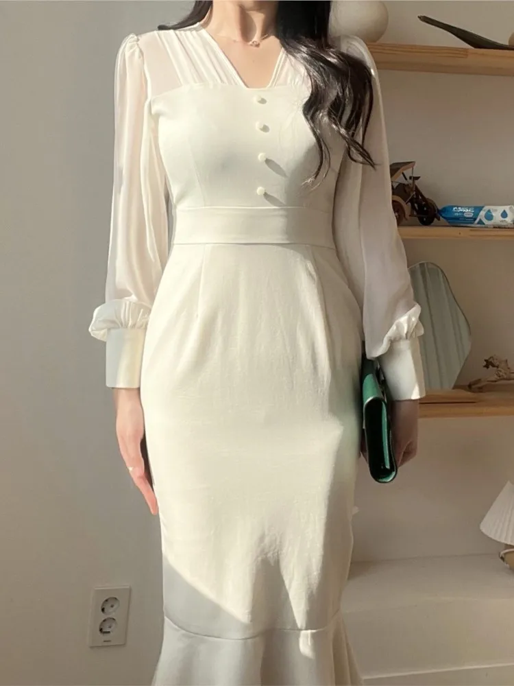 Осеннее элегантное сетчатое облегающее вечернее платье для женщин корейское