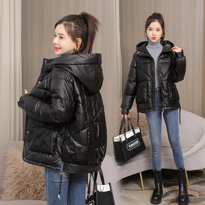 Parkas Women Glossy Cotton-Padded Jacket Women's Short down Cotton-Padded Jacket Loose Hoodie Padded Coat Winter Coat Women