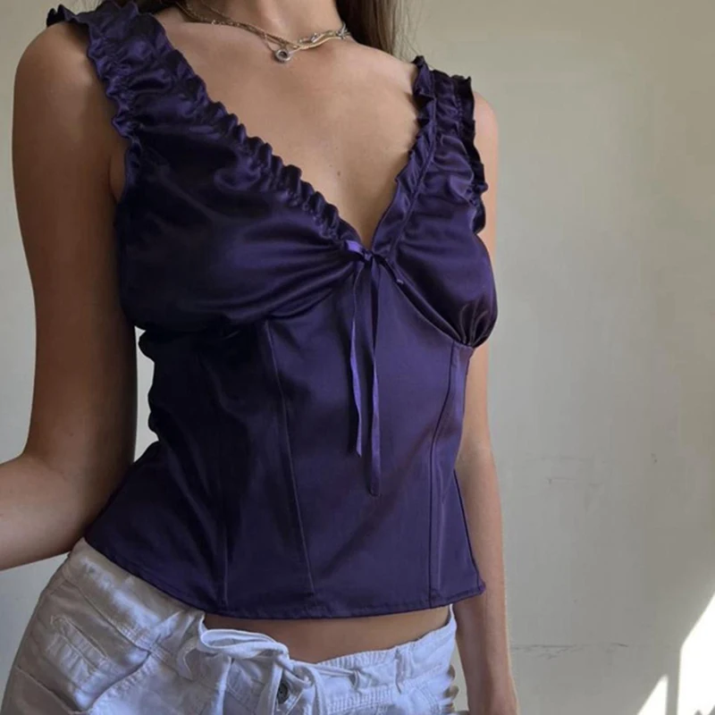

Fairy Y2K 00s Vintage Bow V Neck Tank Tops Purple Satin Ruched Milkmaid Tops Chic Cute Retro Elegant Crop Tops Mini Vest Clothes
