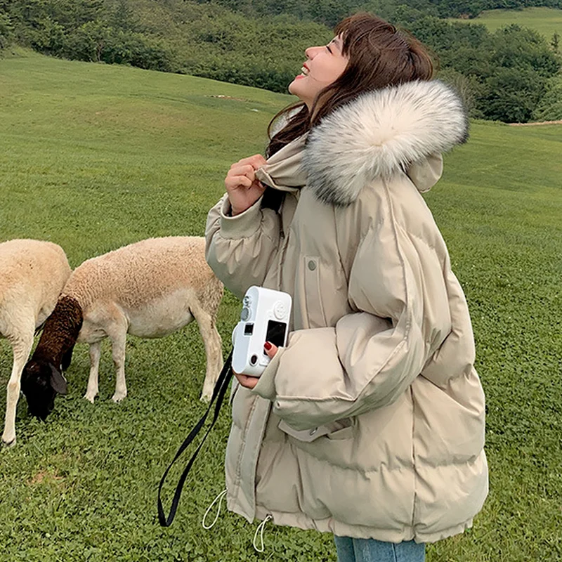 Thick Bread Cotton Coat Women's Mid-length Winter Hooded Furry Coat Women's Coat Women's Loose Casual Down Jacket Cotton Coat