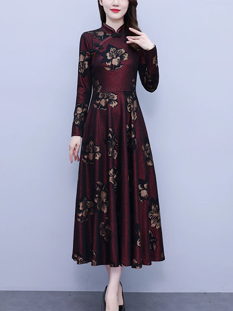 

2023 Autumn Winter Red Floral Midi Dress Long Sleeve Elegant Chic Luxury Women Clothing Bodycon Casual Vintage Party Dresses For