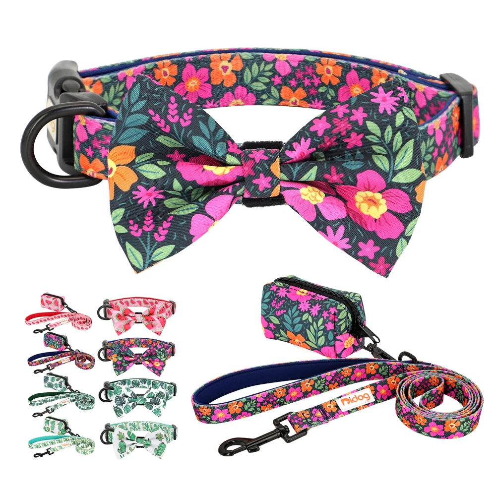 

3pcs/lot Printed Dog Collar Leash Garbage Bag Set Nylon Puppy Collars With Bowknot Outdoor Pet Waste Poop Bag Lead Rope For Dogs