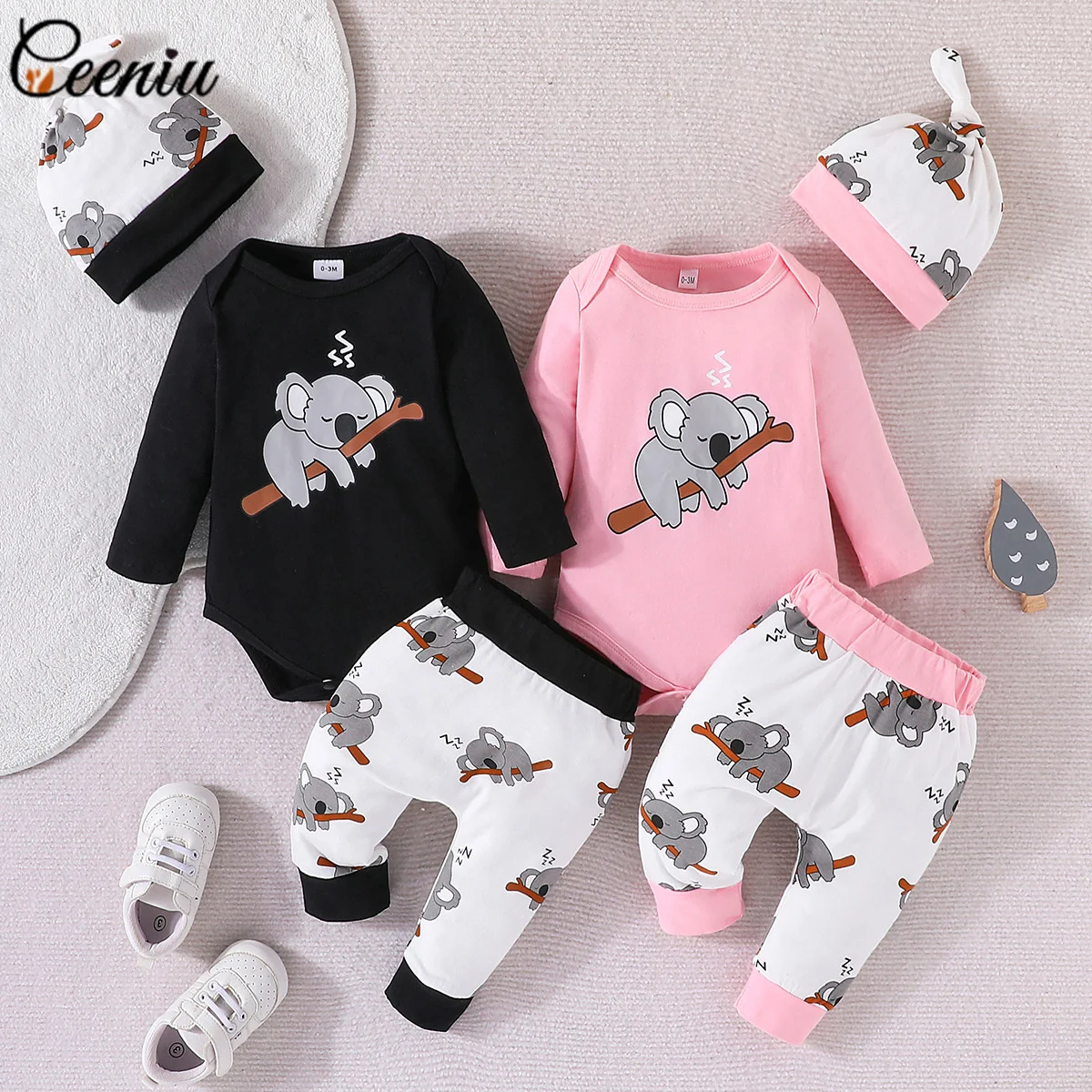 

Ceeniu 0-18M Autumn Baby Outfits Sets For Boys Girls Cartoon Koala Romper+Print Pants With Hat Newborns Baby Birth Clothes