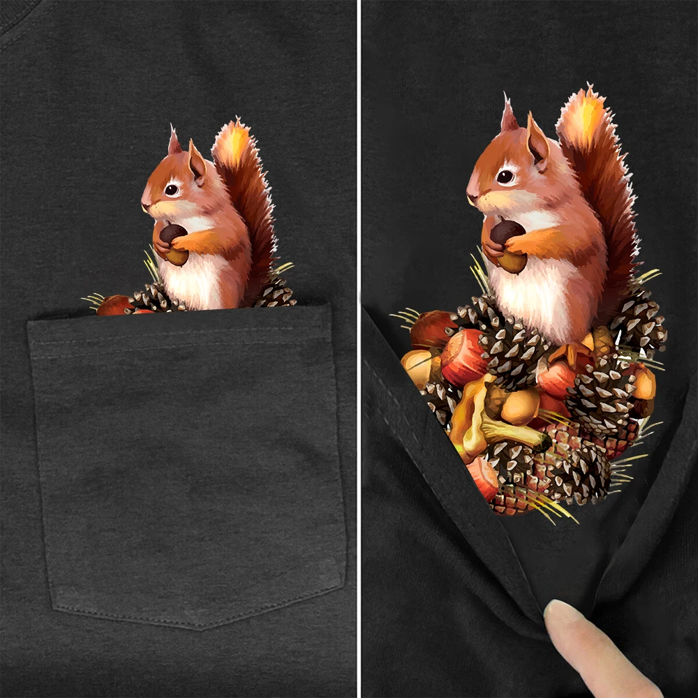 

CLOOCL 100% Cotton Women T-shirts Cute Squirrel Pine Cones Printed Pocket Tops Short Sleeve Graphic Tee Fashion Woman Tshirts