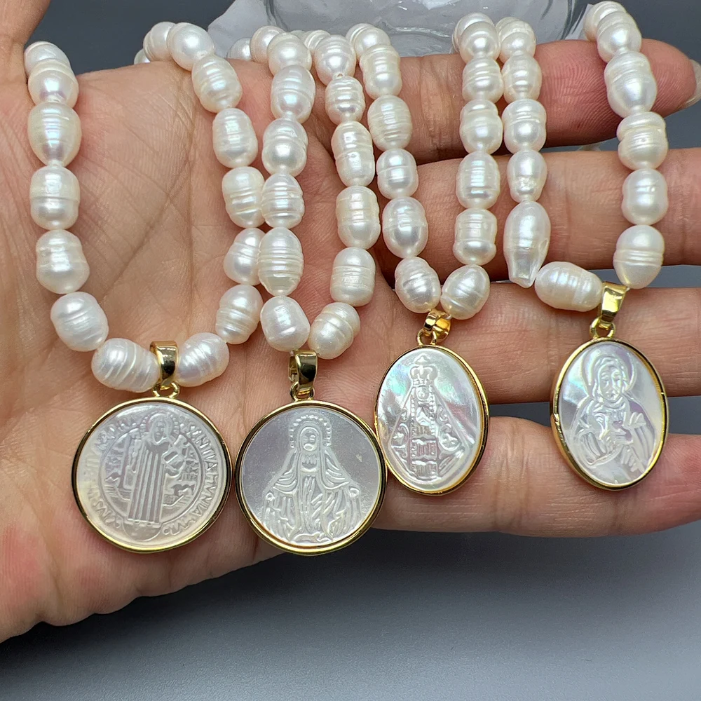 

Natural Pearl Choker Female Shell Jesus Sacred Heart Virgin Mary Guadalupe Pendant Necklace For Women Luxury Religious Jewelry