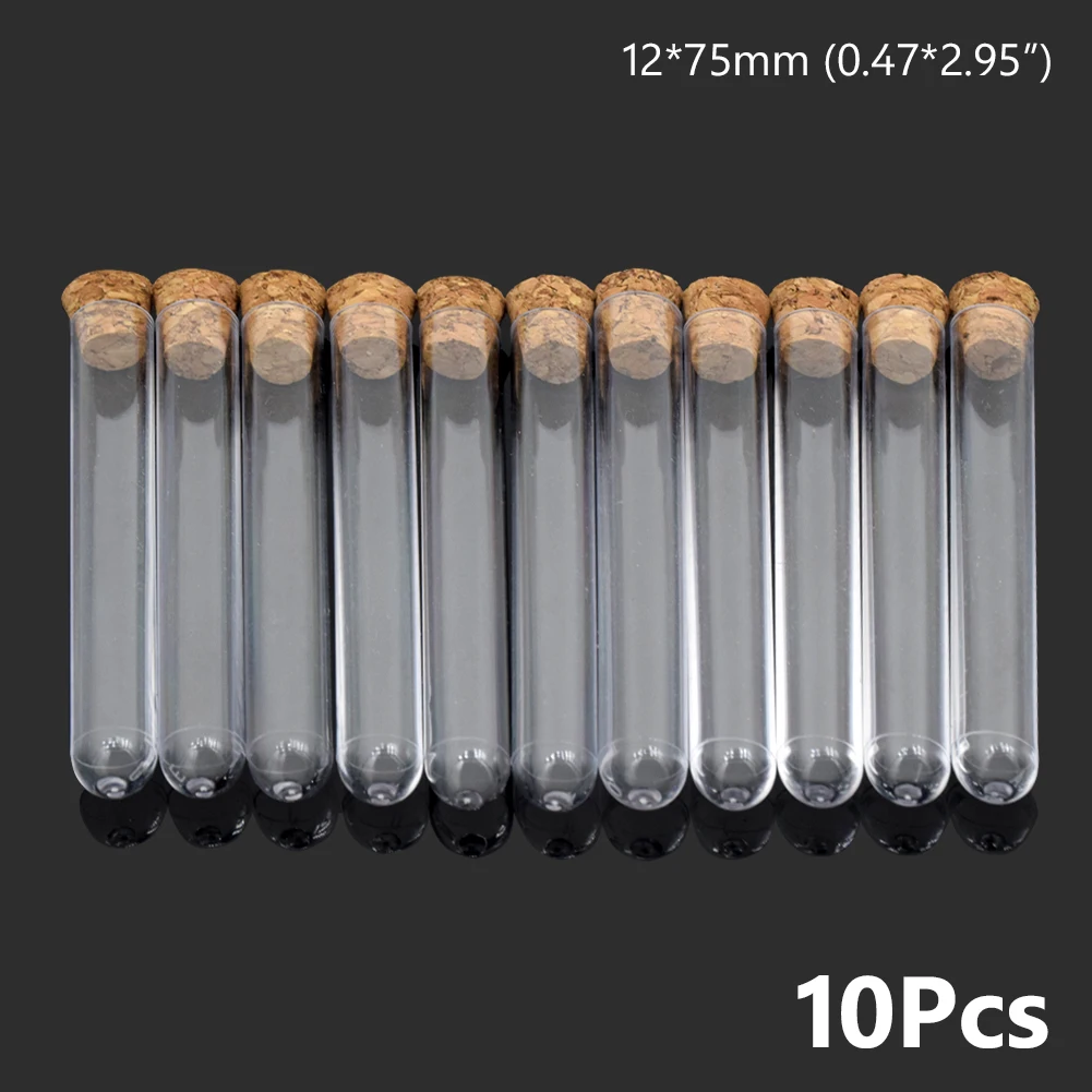 

10pcs/lot 12*75mm Transparent Plastic Round Bottom Test Tube With Cork Stoppers Empty Scented Tea Tubes Party Lab Supplies