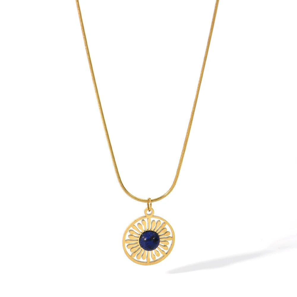 Rivca fashion stainless steel blue stone pendant necklace Gold Plated Chain Trendy charm choker for women jewelry wholesale