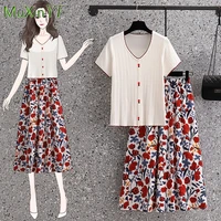 korean elegant summer knitted short sleeve top floral skirt 2 piece womens casual blouse printed elastic waist midi skirts suit