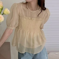 womens blouse thin style fungus lace pleated splicing shirt womens summer 2022 new minority sweet temperament top