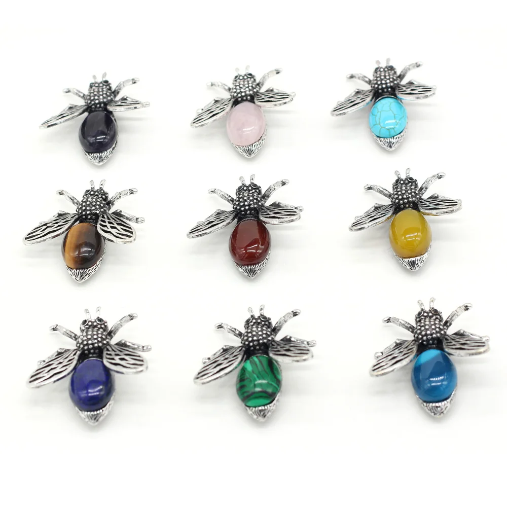 

Natural Stone Jade Agate Rose Quartz Alloy Insect Pendant For Jewelry MakingDIY Necklace Earring Accessories Charms Gift 38x43MM