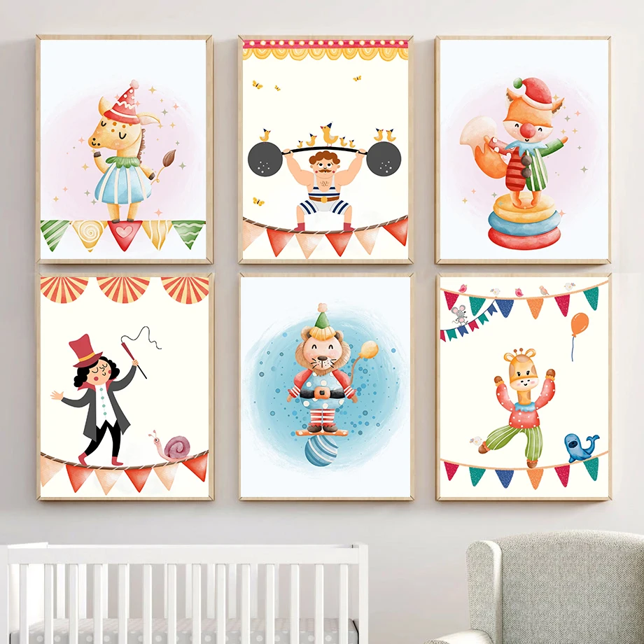 Забавный цирковой тематический постер с животными детский карнавал трапеция