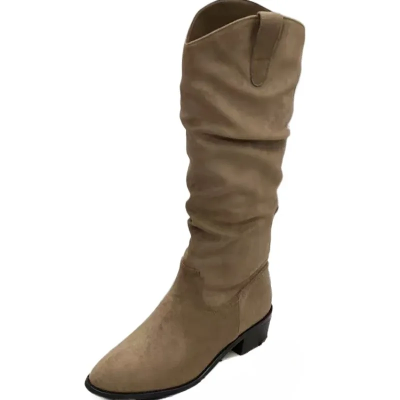 Замшевые женские зимние высокие сапоги на среднем каблуке модные туфли до