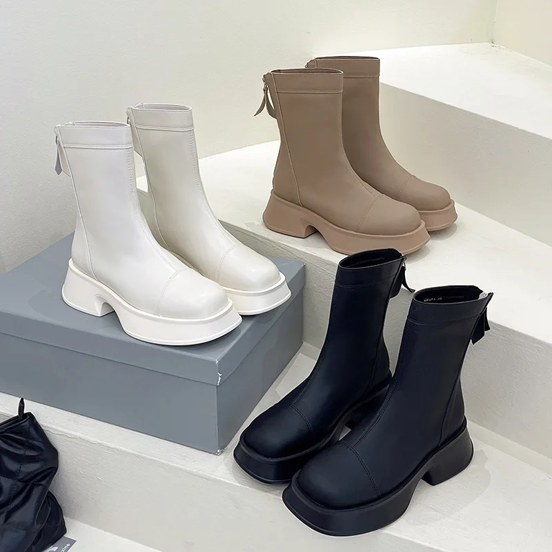 Zipper Shoes Fashion Boots Woman Boots-Women Round Toe Rock Punk 2021 Elegant Med Rubber Ladies Autumn Casual Retro Rome Basic