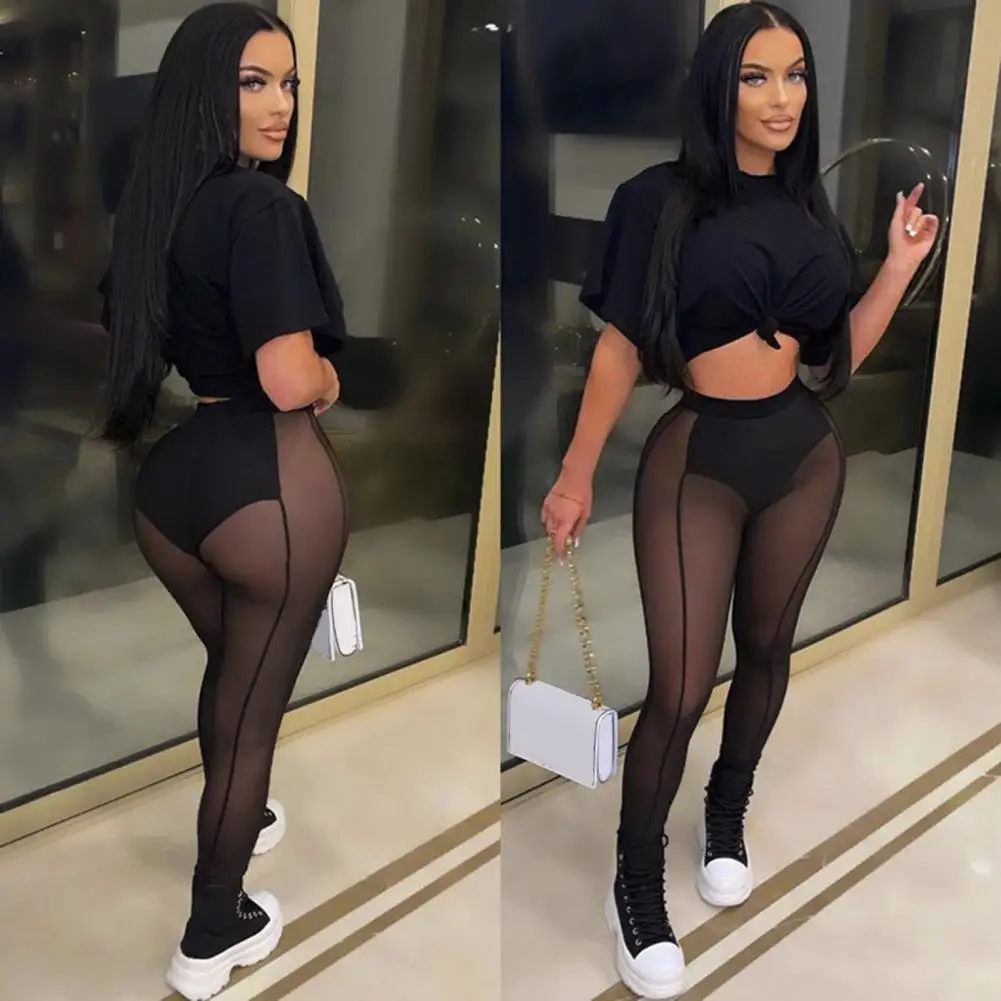 

Hip-Lifting Mesh Tight Pants Sexy See-through Black High Waist Long Trousers Elastic Pencil Pants Mesh Leggings Club Tight Pants
