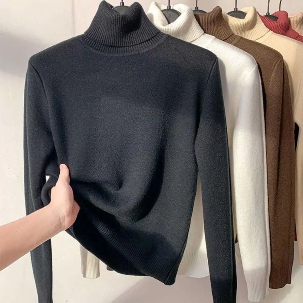 

Pullover Sweater Ribbed Trim Comfy Winter Solid Color Fleece Lining Bottoming Sweater Stretchy Bottoming Sweater Home Wear