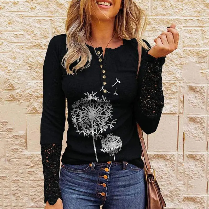 

2022 Spring Printed Long Sleeve Lace T Shirt Casual Round Neck Button Women T-shirts Autumn Pullovers Cotton Blend Tie Dye Tops