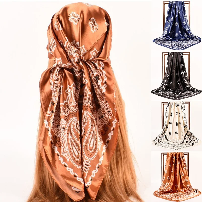 

Soft Fashion Square Silk Scarves Satin Cashew Flower Scarf Paisley Print Hair Head Scarves Muslim Shawls Hijab Foulard Bandana