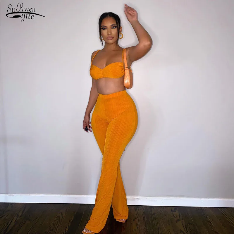 

Elegant Summer Crop Tops and Long Pant Two Pieces Sets for Women Casual Office Backless Lace-up Skinny Flare Pants Outfits 22482