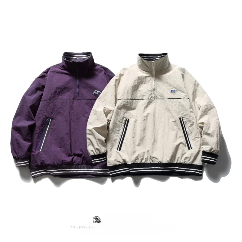 Японская мода воротник-стойка половина молнии контрастные цвета пэчворк Ретро