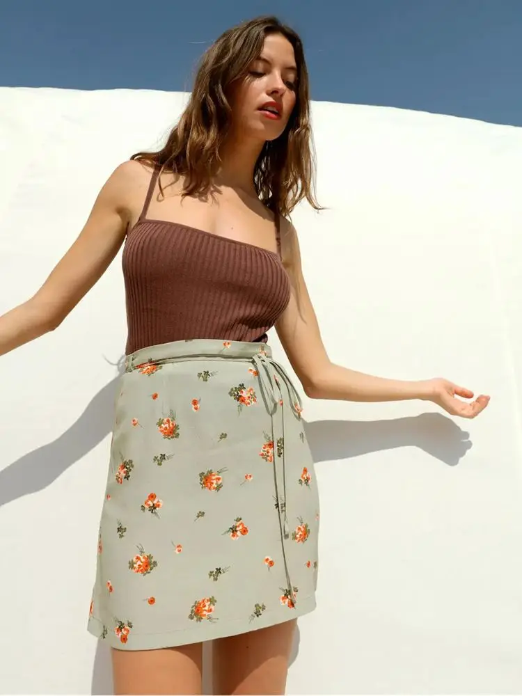 

2022 Spring and Summer New Print Lace-up High-waisted Skirt Mini Skirt