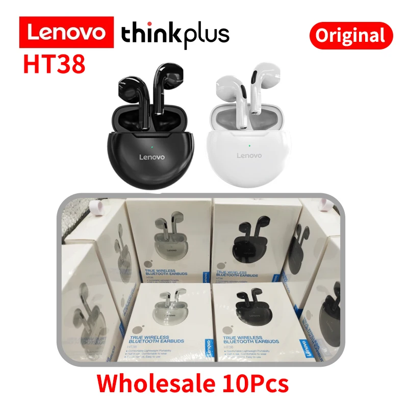 

Оптовая продажа, 10 шт. оригинальные беспроводные наушники Lenovo HT38, спортивные наушники Bluetooth с зарядным чехлом, черные и белые