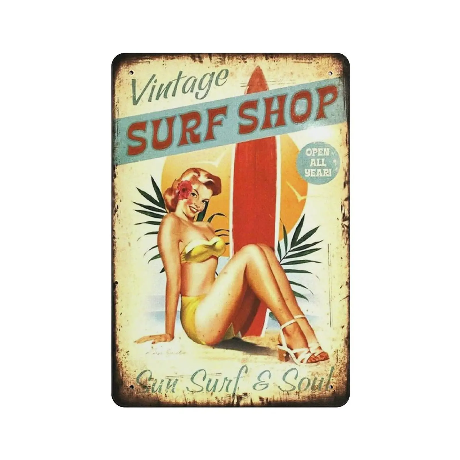 

PPFINE Metal Tin Sign Surf Shop Pin Up Girl Vintage Tin Poster Metal Sign Wall Decoration Country Kitchen Home Garage Decor 12&#