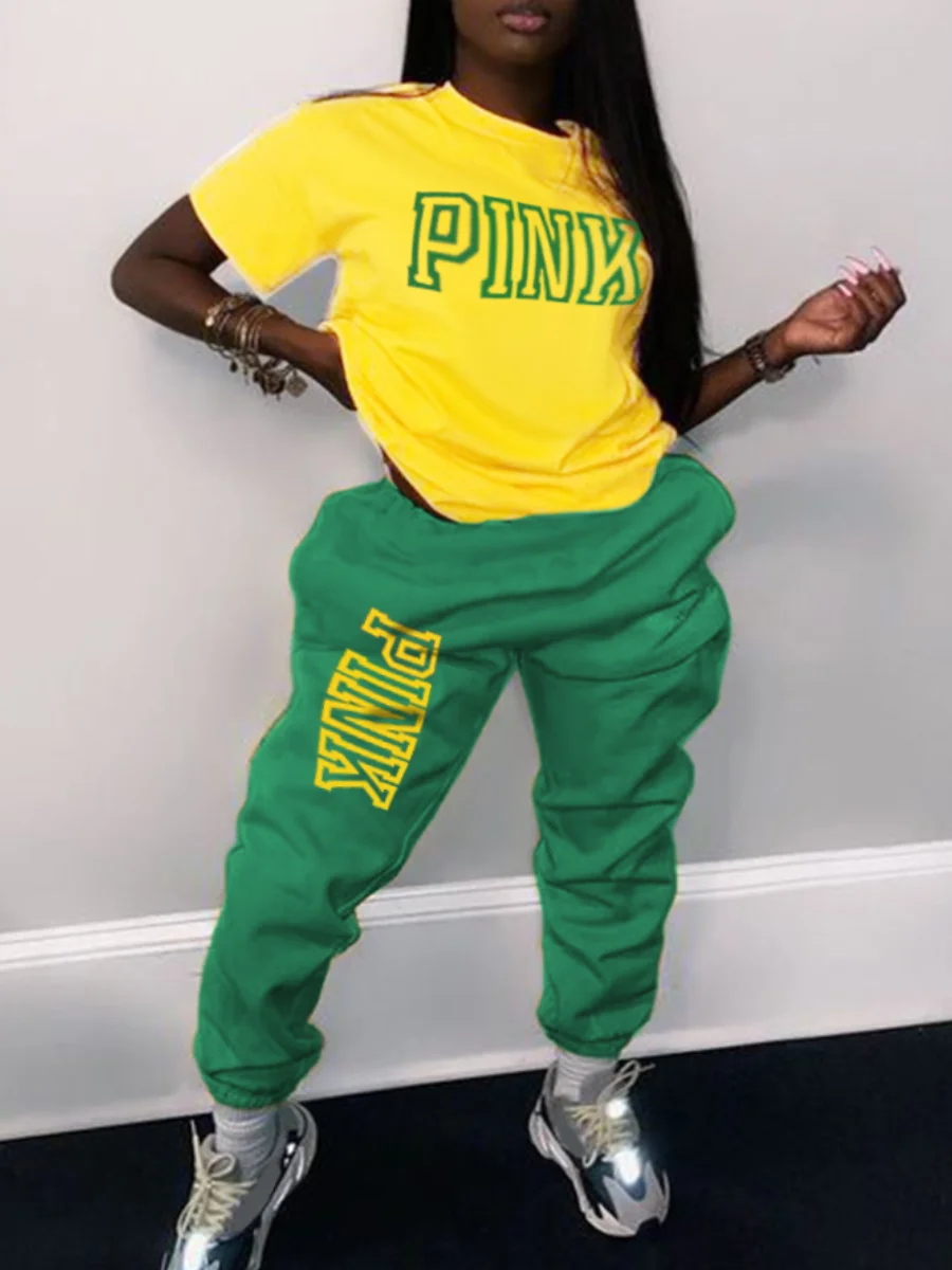 LW Plus Size Pink Letter Print Pants Set short sleeve Two Piece Sets Women short Tshirt + Jogger Pants Tracksuits Casual Outfits