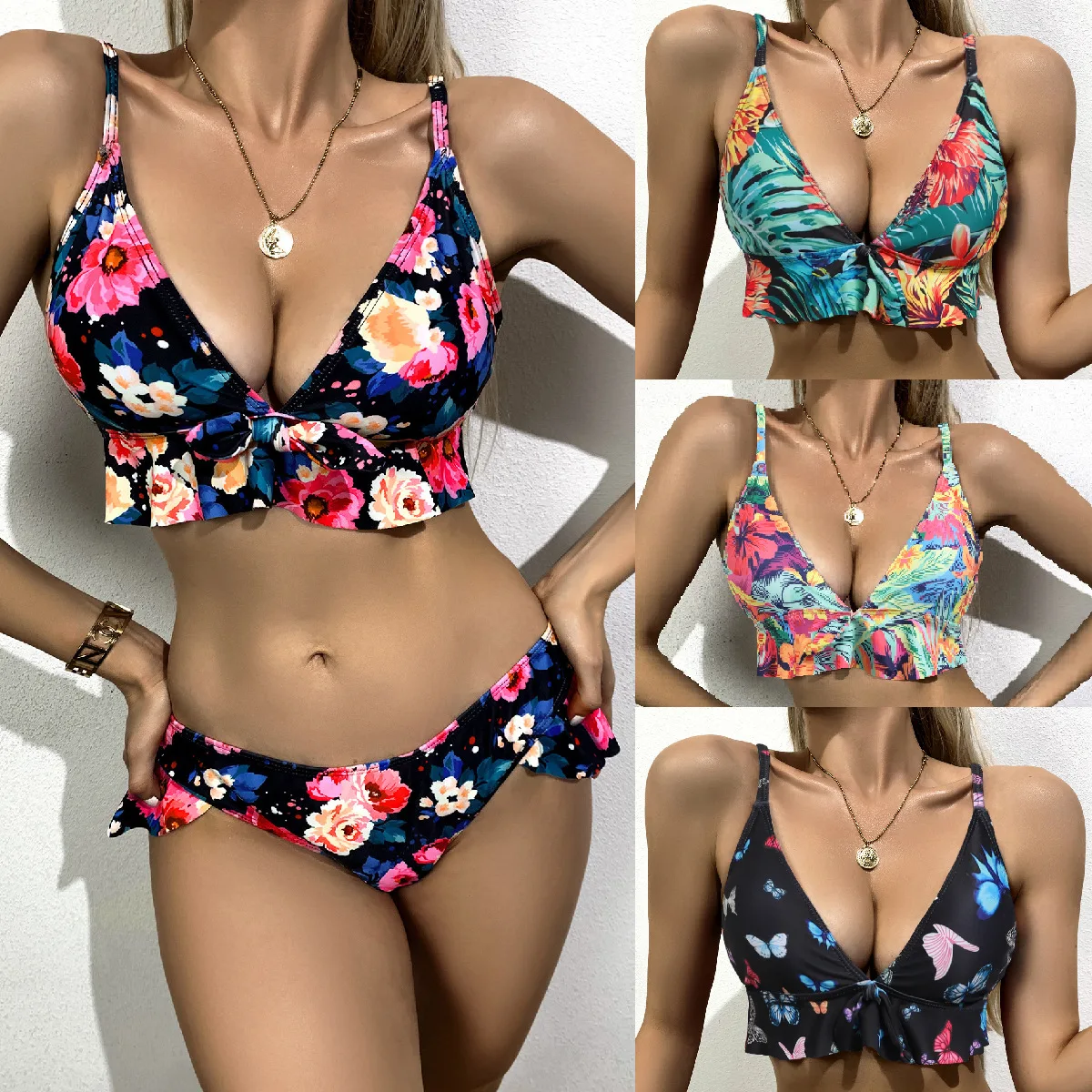 

Комплект бикини с высокой талией и оборками, 2022, сексуальное бикини с оборками, купальник, женский купальник из двух предметов, пляжная одеж...