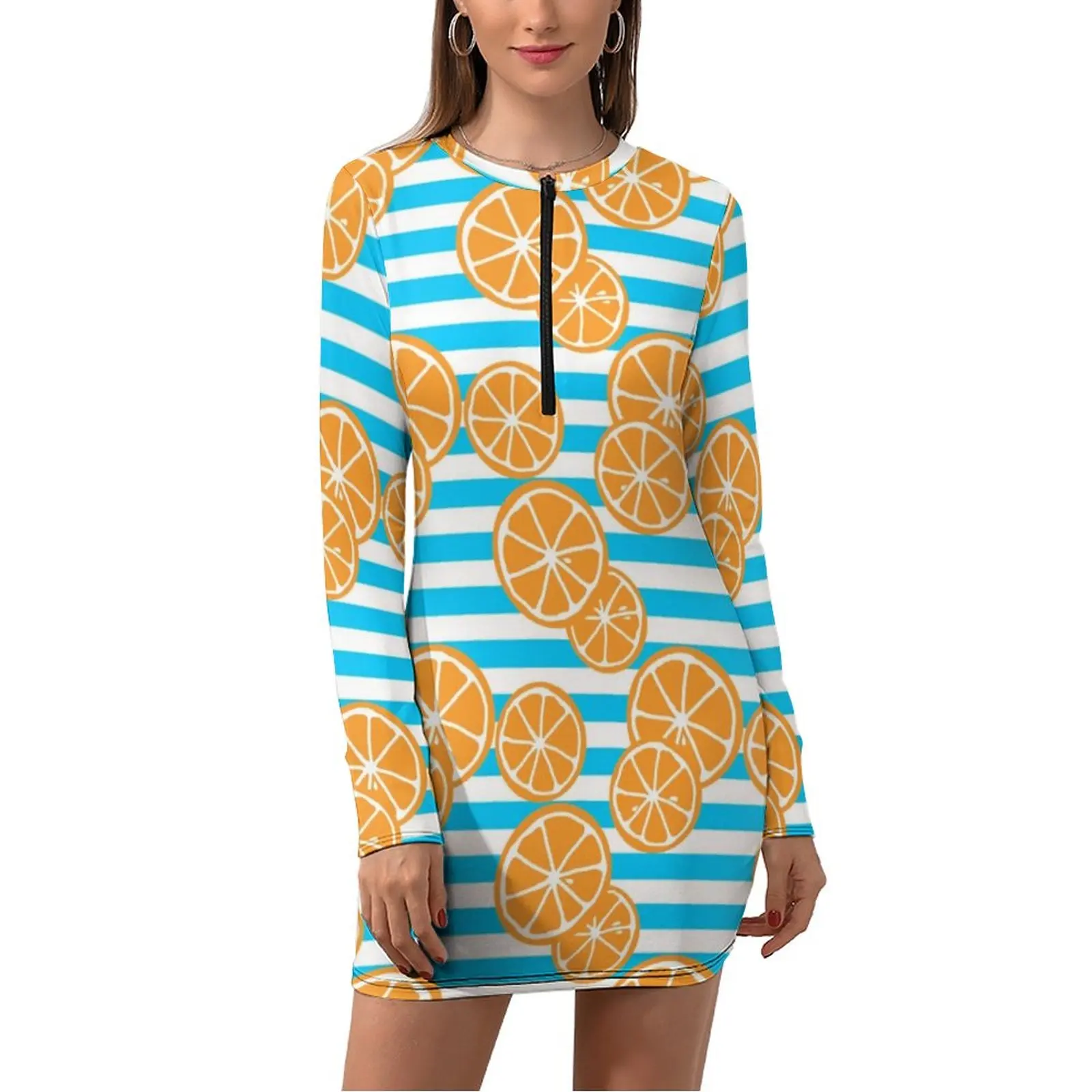 

Oranges Slices Dress Long Sleeve White and Blue Stripes Street Style Dresses Cute Bodycon Dress Female Print Oversized Clothes