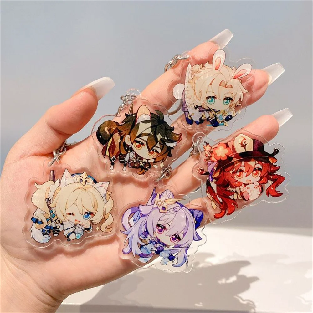 

7 Style Genshin Impact Zhongli HuTao Keychains Cute Yoimiya Kazuha Kamisato Ayaka Rosaria Figures Pendant Keyring Ornament