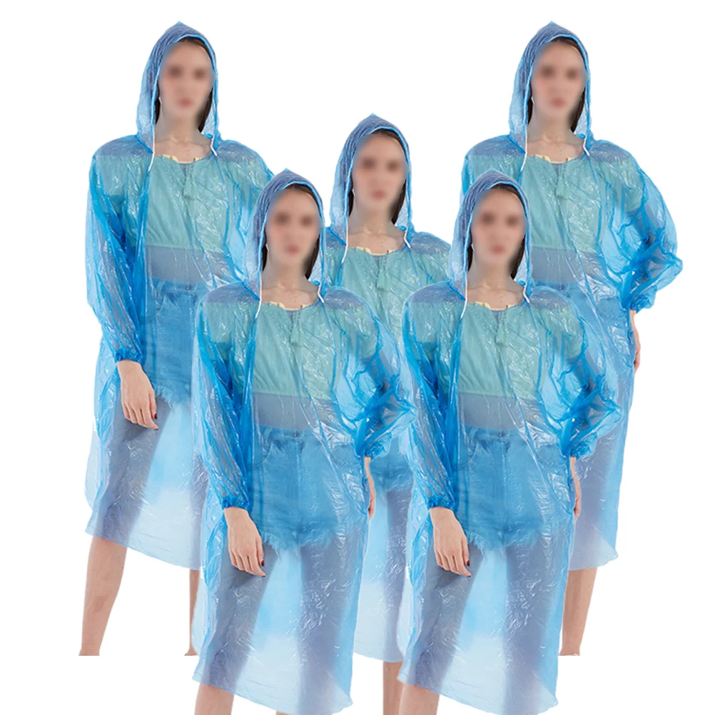 

5Pcs Disposable Raincoat Waterproof Raincoat Adults Rain Poncho Hooded Long Rainwear Blue