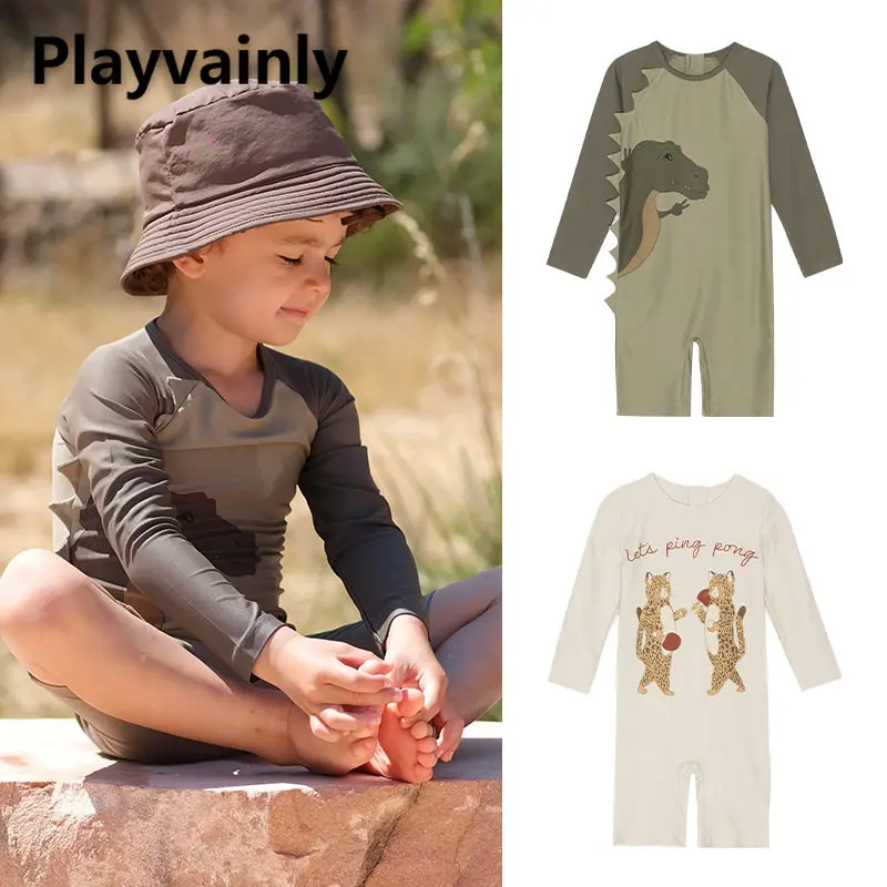 

New Summer Baby Boy Swimwear Cartoon Dinosaur Print O-neck Long Sleeve Jumpsuits Children Swimming Quick Drying Clothes E23315