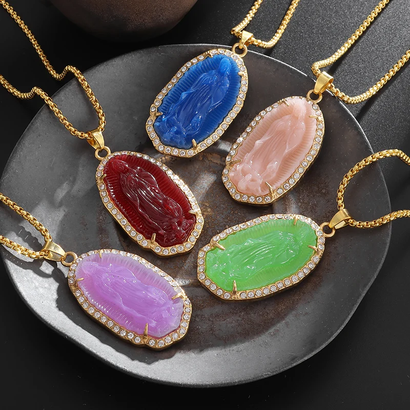 

Rhinestone Virgin Mary Blessing Pendant Necklace Women's Prayer Amulet Jewelry Gift