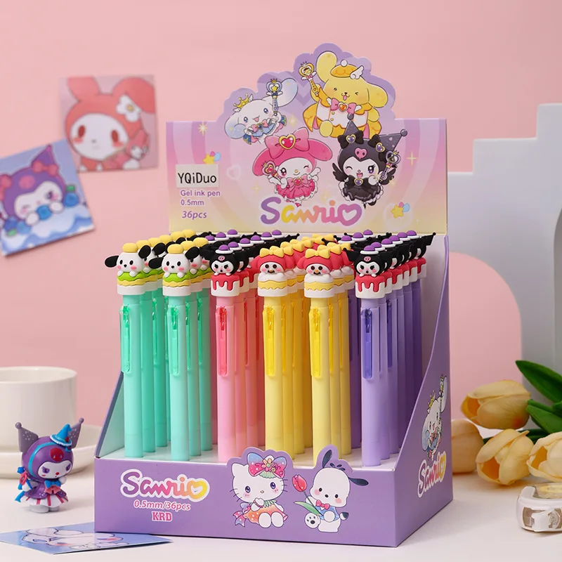 Okrągły długopis żelowy Sanrio 36 sztuk Kuromi My Melody czarny 0.5mm Student Cartoon Kawaii Press narzędzia do pisania przyjaciele prezenty