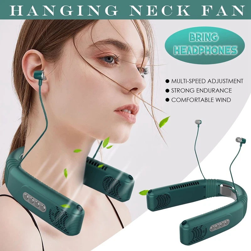 

Portable Leafless Neck Hanging Fan Portable Sports Fan Lazy Mini Air Cooling Fan with Headphones for Listening to Music