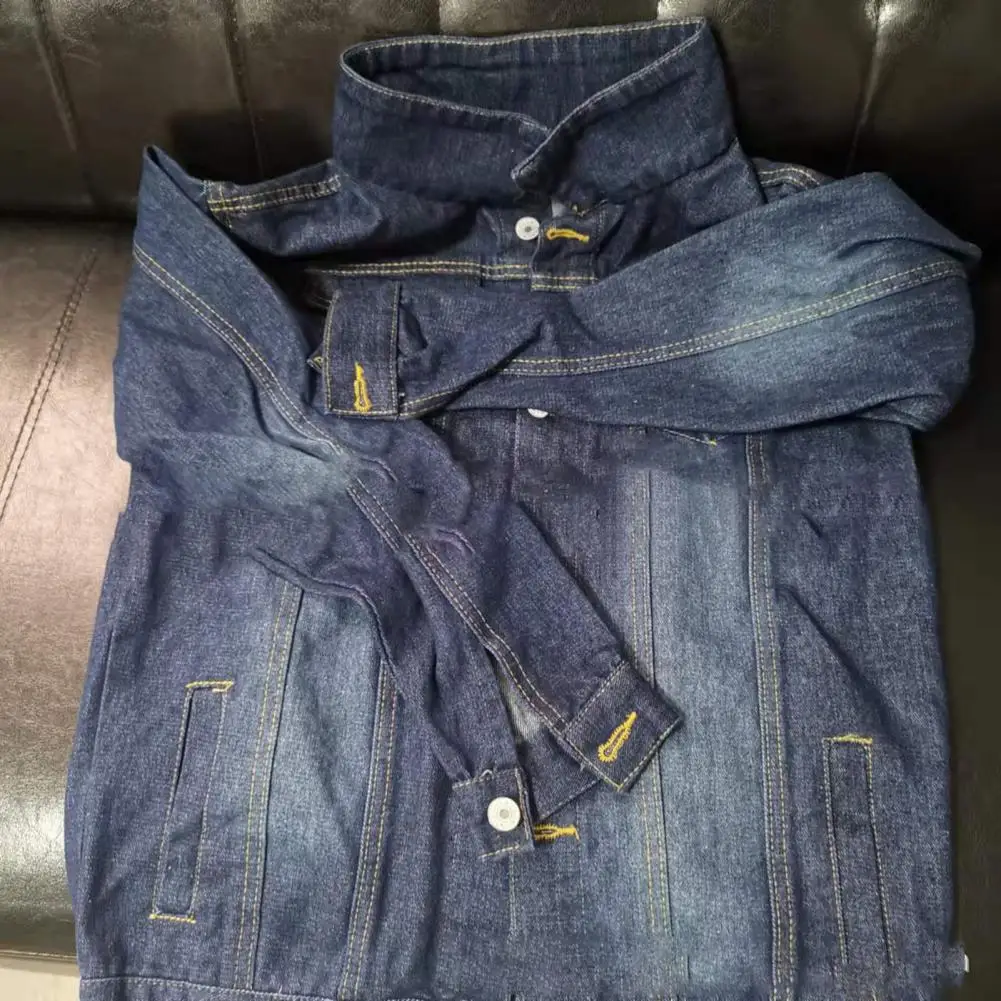 

Denim Coat Long Sleeve Male Pockets Slim Turn-down Collar Denim Jacket Men Coat for Four Seasons